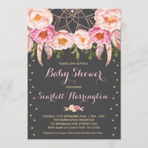 Invitation Pink Dreamcatcher fille Baby shower Boho Floral