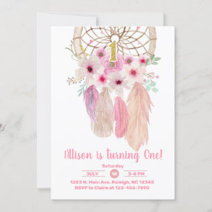 Invitation Pink Drecatcher fille 1er premier anniversaire inv