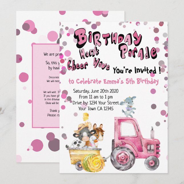 Invitation Pink Drive By Birthday Farm Animaux (Devant / Derrière)