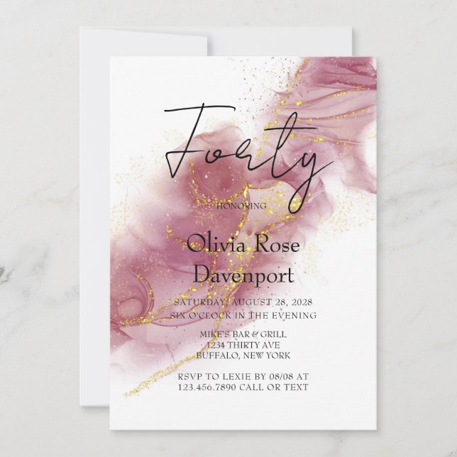 Invitation Pink Dusty Rose Gold Alcohol 40e fête d'anniversai (Devant)