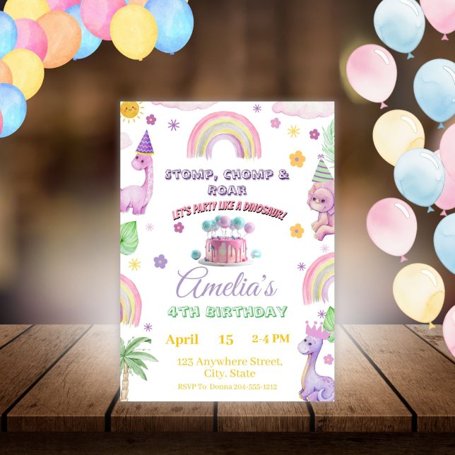 Invitation Pink Editable Dinosaur Birthday Invite Template  (Créateur téléchargé)