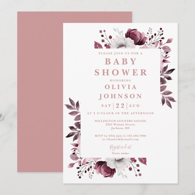 Invitation Pink Elegant Aquarelle Pays Baby shower Floral (Devant / Derrière)