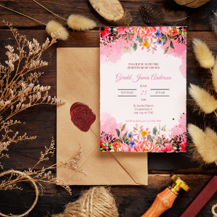 Invitation Pink Elegant Floral Aquarelle Baptism Poème