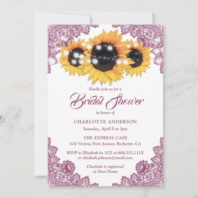 Invitation Pink Elegant Floral Lace Sunflower Bridal Shower (Devant)