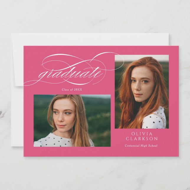 Invitation Pink Elegant Script 3 Photo Graduation Party (Devant)