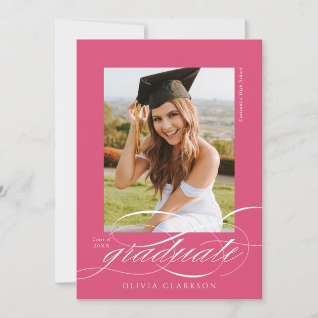 Invitation Pink Elegant Script QR Code Photo Graduation Party (Devant)