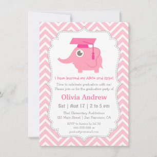 Invitation Pink Elephant Kids Kindergarten Graduation Party