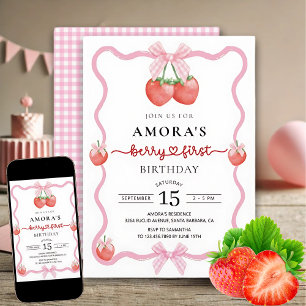 Invitation Pink En vichy Berry Première fête d'anniversaire