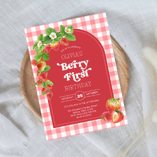 Invitation Pink En vichy Berry Première fraise 1er anniversai