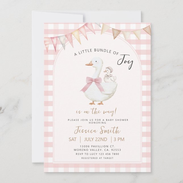 Invitation Pink En vichy Bundle de joie Goose Baby shower (Devant)