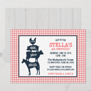 Invitation Pink En vichy Farm Thème Animal Girl Anniversaire
