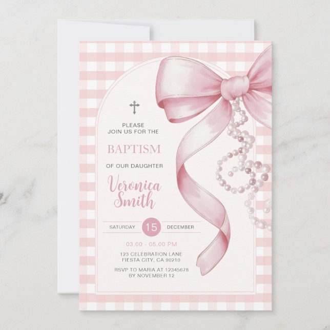 Invitation Pink En vichy Girl Baptism Pink Bow Pearl Collier (Devant)