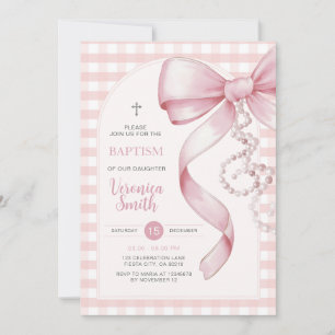 Invitation Pink En vichy Girl Baptism Pink Bow Pearl Collier