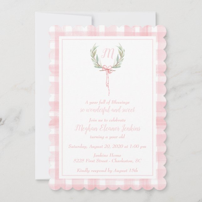 Invitation Pink En vichy Laurel Crest Premier anniversaire (Devant)