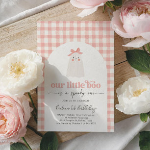 Invitation Pink En vichy Little Boo Ghost 1er Anniversaire