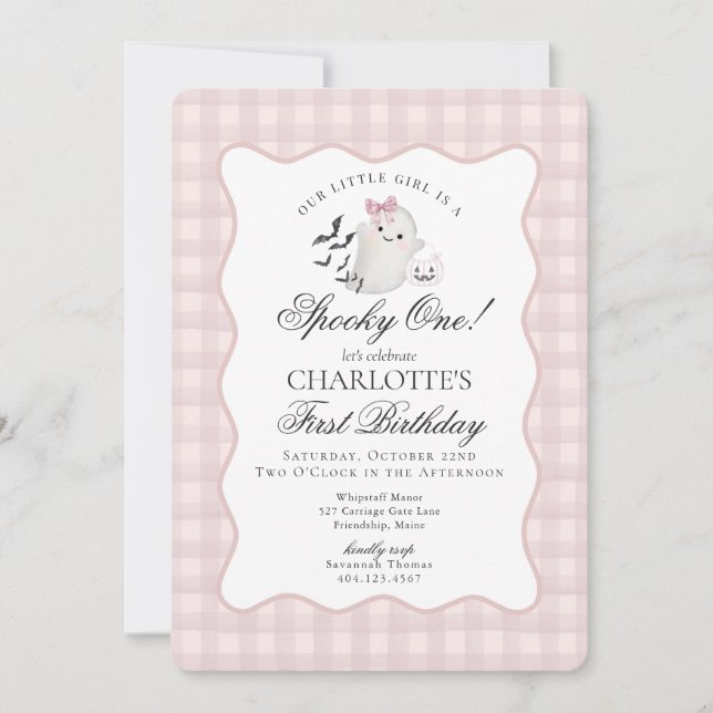 Invitation Pink En vichy Preppy Ghost Éffrayant Un 1er annive (Devant)