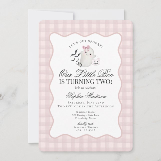 Invitation Pink En vichy Preppy Ghost Little Boo 2e anniversa (Devant)