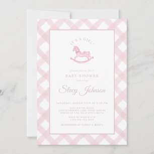 Invitation Pink En vichy Rocking Horse Girl Baby shower Invit