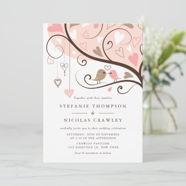 Invitation Pink et Brown Whimsical Lovebirds Mariage (Debout devant)