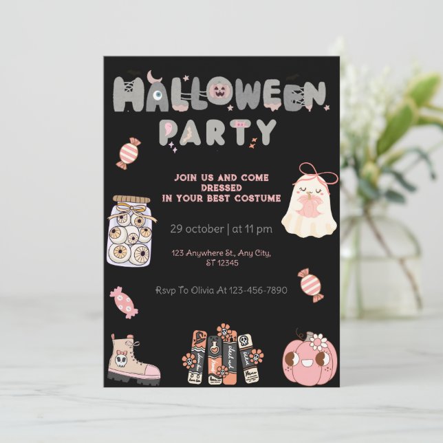 Invitation Pink et Grey Halloween Party Cute Fantôme et Éffra (Debout devant)