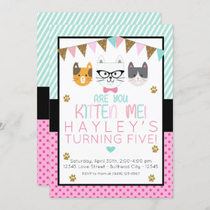 Invitation Pink et Mint Are You Kitten Me Chat Anniversaire