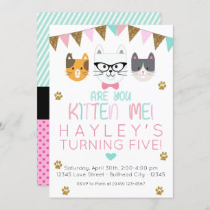 Invitation Pink et Mint Are You Kitten Me Chat Anniversaire