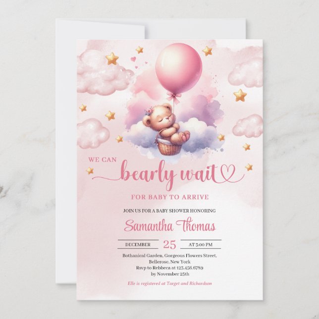 Invitation Pink et or bearly attendent tedy ourson fille douc (Devant)