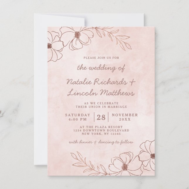 Invitation Pink et Rose or à huile Floral Rustique Mariage (Devant)
