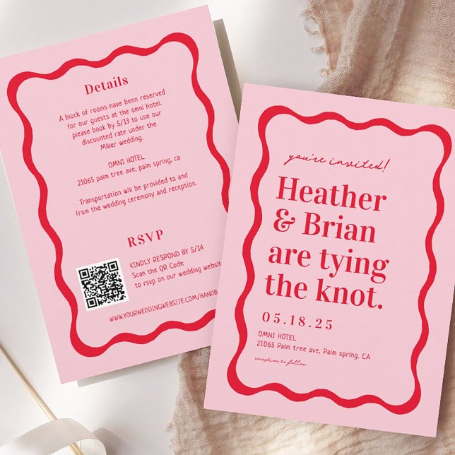 Invitation Pink et rouge Retro Attache le Mariage Knot QR (Créateur téléchargé)