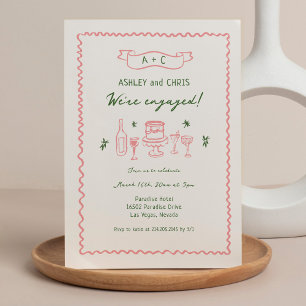 Invitation Pink et vert Quirky Hand Drake Partie d'engagement