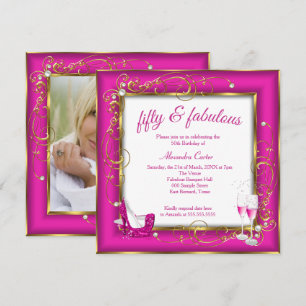 Invitation Pink Fabulous 50 Photo Gold Champagne talons Party