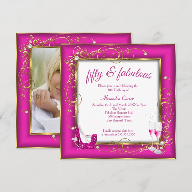 Invitation Pink Fabulous 50 Photo Gold Champagne talons Party (Devant / Derrière)