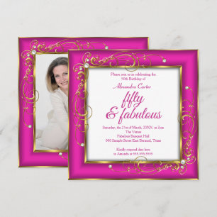 Invitation Pink Fabulous 50 Photo Gold Pearl fête d'anniversa