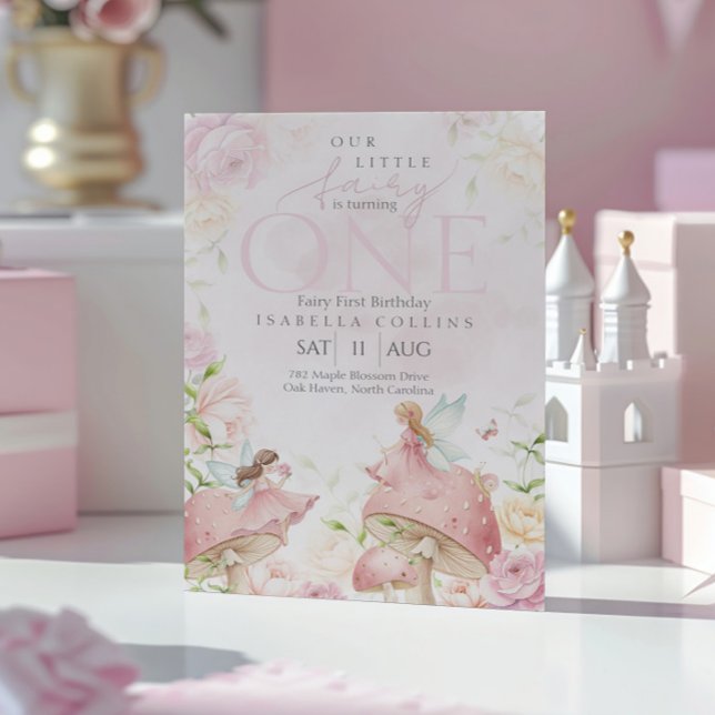 Invitation Pink Fairy Mushroom Floral Garden 1st Birthday  (Créateur téléchargé)
