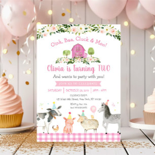 Invitation Pink Farm Animal Floral 2nd Birthday