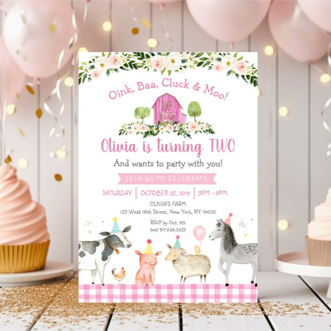 Invitation Pink Farm Animal Floral 2nd Birthday (Créateur téléchargé)