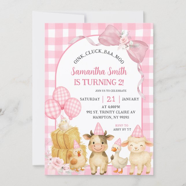 Invitation Pink Farm Animals Oink Cluck Baa Moo Birthday (Devant)