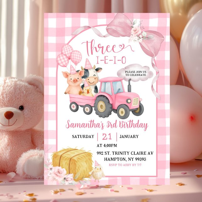Invitation Pink Farm Animals Three-i-e-i-o Girl 3rd Birthday (Créateur téléchargé)