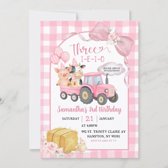 Invitation Pink Farm Animals Three-i-e-i-o Girl 3rd Birthday (Devant)