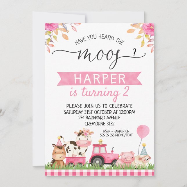Invitation Pink Farm Avez-Vous Entendu L'Anniversaire De Moos (Devant)
