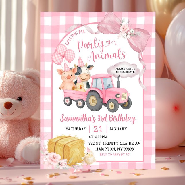 Invitation Pink Farm Calling All Party Animals Girl Birthday (Créateur téléchargé)