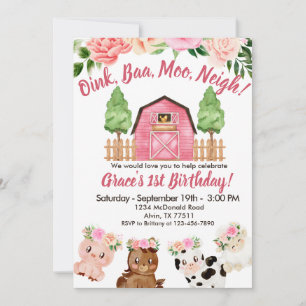 Invitation Pink Farm Floral Barnyard 1er Anniversaire Invitat