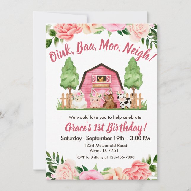 Invitation Pink Farm Floral Barnyard 1er Anniversaire Invitat (Devant)
