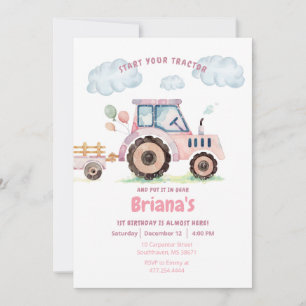 Invitation Pink Farm Tractor Girl Tout âge Anniversaire Invit