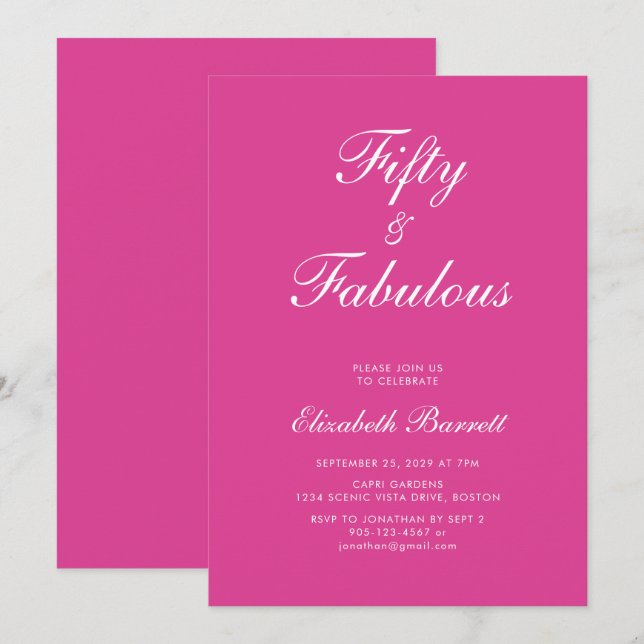 Invitation Pink Fifty and Fabulous Script 50th Birthday Party (Devant / Derrière)