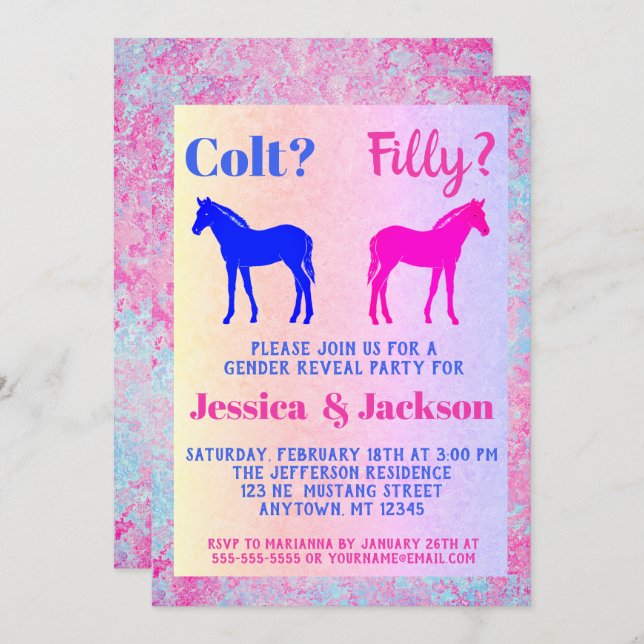 Invitation Pink Filly & Colt Bleu Style occidental Révélation (Devant / Derrière)