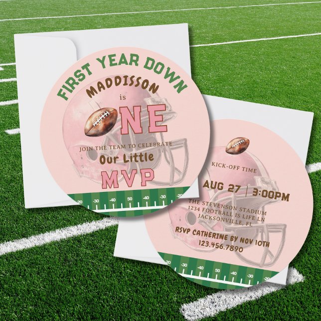 INVITATION PINK FIRST YEAR DOWN FOOTBALL 1ST BIRTHDAY THEME (Créateur téléchargé)