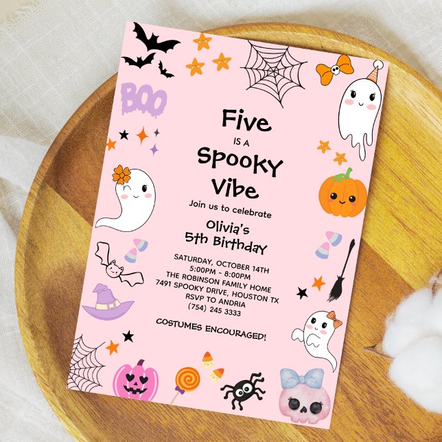 Invitation Pink Five est une Vibe Éffrayante Halloween 5e ann (Pink Five is a Spooky Vibe Girl Halloween 5th Birthday Invitation )