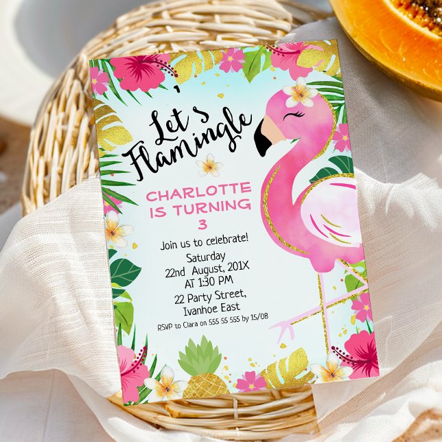 Invitation Pink Flamingle Floral Foliage Anniversaire (Flamingo Birthday Invitation Template Instant Download Printable, Let's Flamingle Birthday Invite)