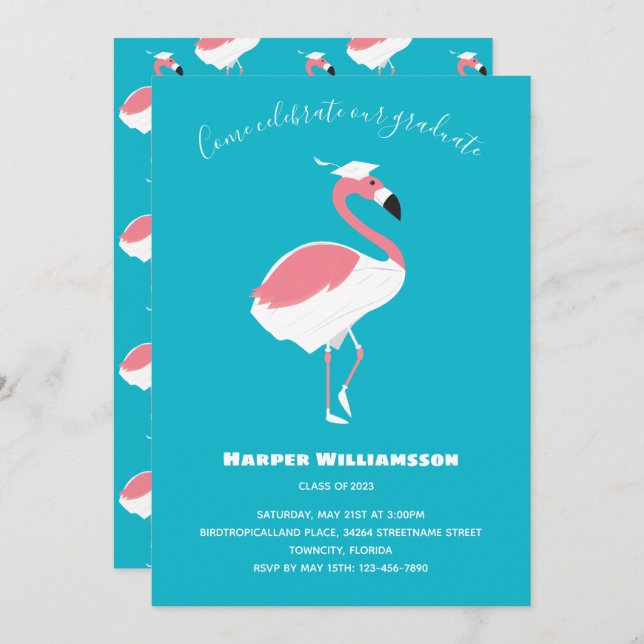 Invitation Pink Flamingo Blue Animal Graduation (Devant / Derrière)